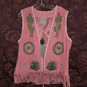 Double D Ranch Rose Suede Embroidered Studded Fringe Vest Women's XL NWT